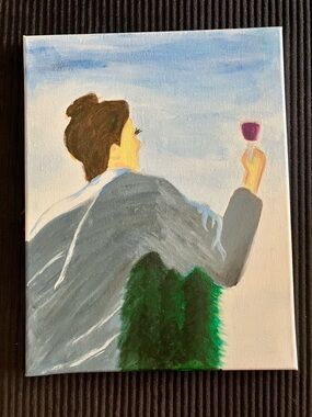 Hand-Painted Home Art Canvas - Woman with Wine, Blue & Green